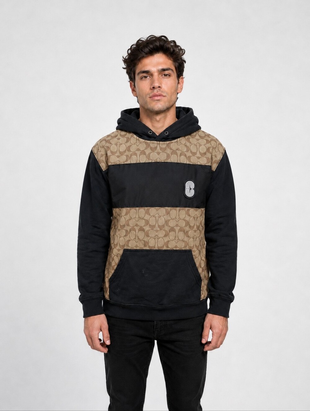 Coach Men’s Signature C Colorblock Pullover Hoodie Black Khaki Small